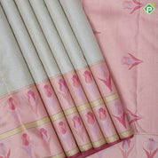 Clacier Gray Gold Zari Brocade Design Baby Pink Rose Flower Border Design Trending Fancy Silk Saree