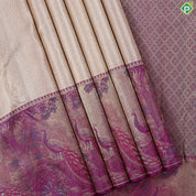 Pista green gold zari zig zag crystal design purple peacock under tree art effect trendy tissue silk saree