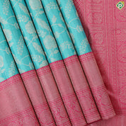Cool green silver gold zari grand floral design contrast pink border grand bridal silk saree