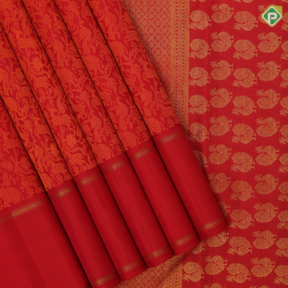 Chilly red base orange silk thread work vanasingaram design self gold zari retta pett border traditional bridal silk saree
