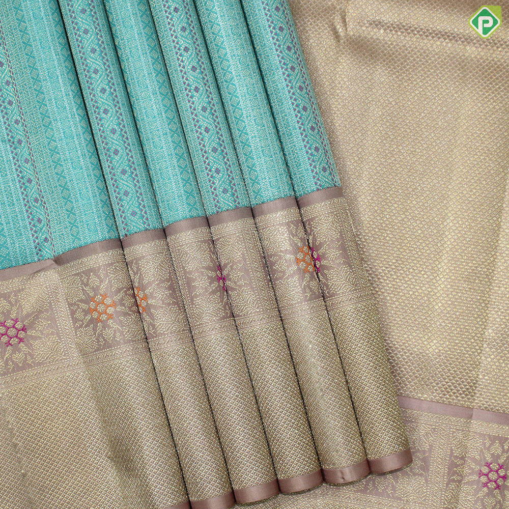 Rama Blue Silver Zari With Peach Pink Gold Zari Meena Work Traditional Silk Saree