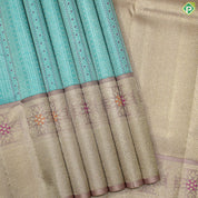 Rama Blue Silver Zari With Peach Pink Gold Zari Meena Work Traditional Silk Saree