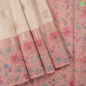 cream with gold zari round butta design baby pink multi colour floral border semi tusser saree