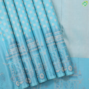 Sky Blue silver gold zari double layer round butta design Couples in Chariot posture Border Trendy silk saree