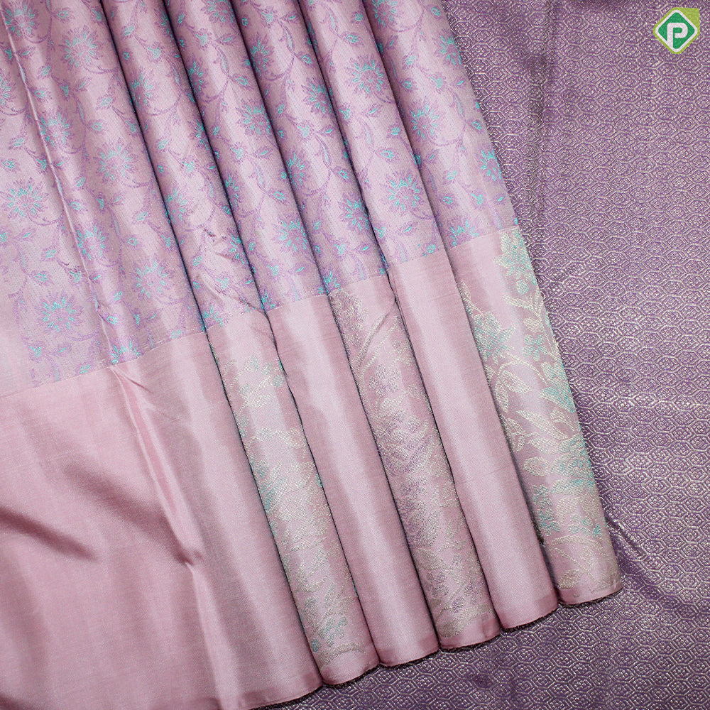 Peach Pink Flower Punch Thread work  Design Gold Zari With Self Color Border Trendy Silk Saree