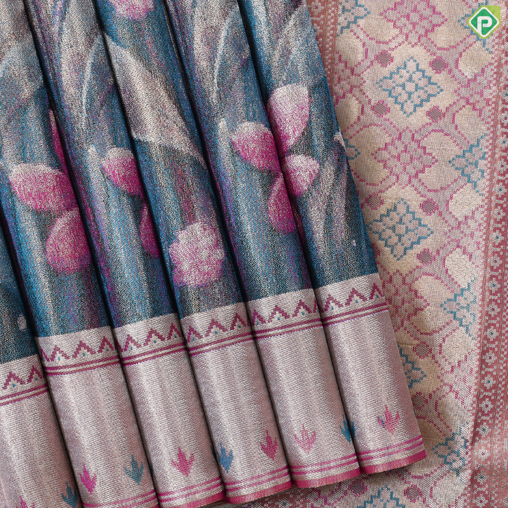 Multi colour silver zari by zari big flowers weaved design peach pink plain border bridal tissue silk saree