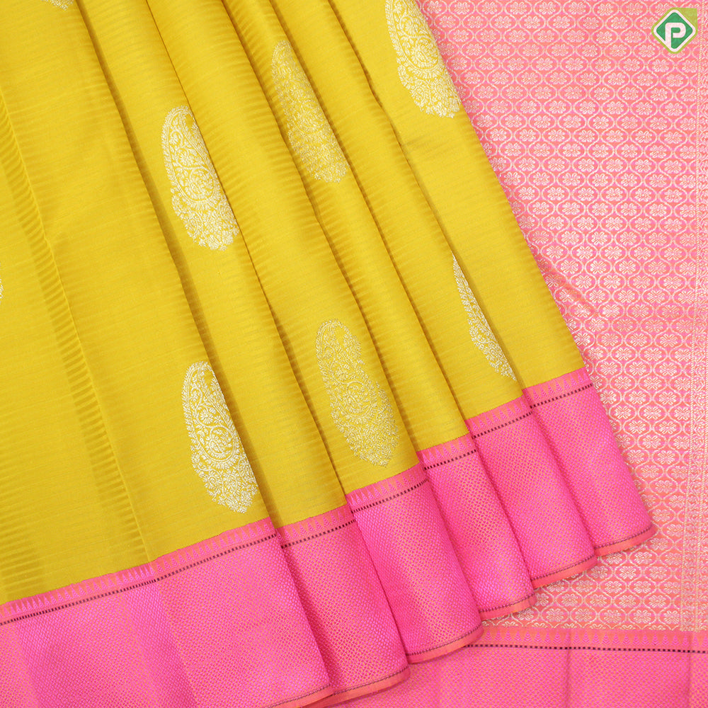 Mustard Yellow Gold Zari Mango Motif With  Pink Thread Work Border Traditional Silk Saree