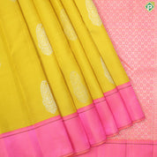 Mustard Yellow Gold Zari Mango Motif With  Pink Thread Work Border Traditional Silk Saree