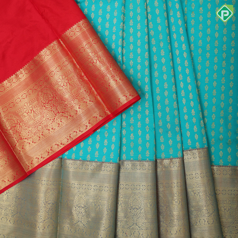 Peacock green gold zari fancy flower butta red gold zari fancy border pattu paavadai lehanka