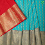 Peacock green gold zari fancy flower butta red gold zari fancy border pattu paavadai lehanka