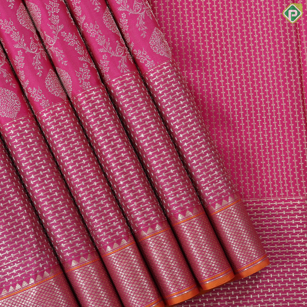 Rani Pink with neem zari grand floral full body design self border bridal silk saree