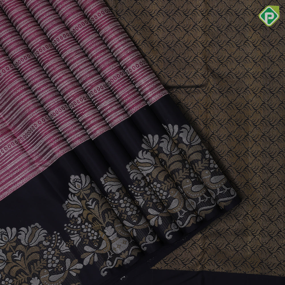 Deep Pink Gold Zari Velthari Lines Brocade Design Dark Navy Blur Flower Bride Border Design Trendy Silk Saree