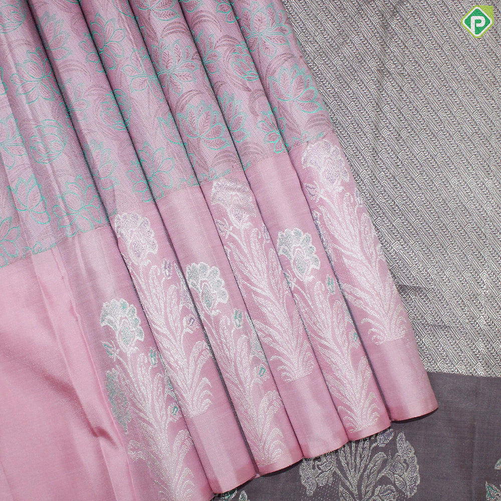 Baby Pink Thread Work With Self Color Silver Zari Flower Border Fancy Trendy Silk Saree