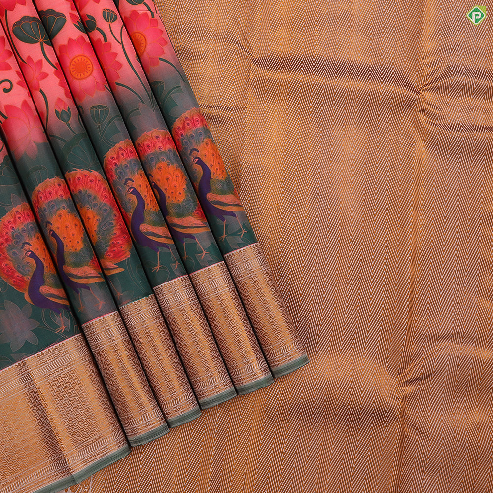Rose Pink With Olive Green Lotus With Creeper Kalamkaari Style Mayilkan Border Digital Printed Silk Saree