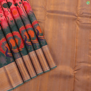 Rose Pink With Olive Green Lotus With Creeper Kalamkaari Style Mayilkan Border Digital Printed Silk Saree