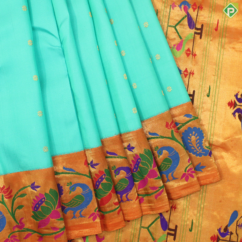 Rexona Green Thousand Butta Contrast Orange Meena Work Border Gadwal Silk Saree