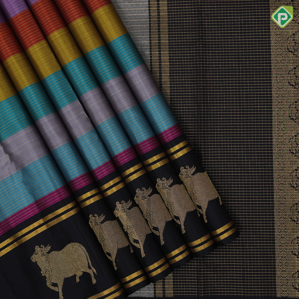 Multi color base gold zari velthari lines Luxury black gold zari cow pichwai border traditional silk saree