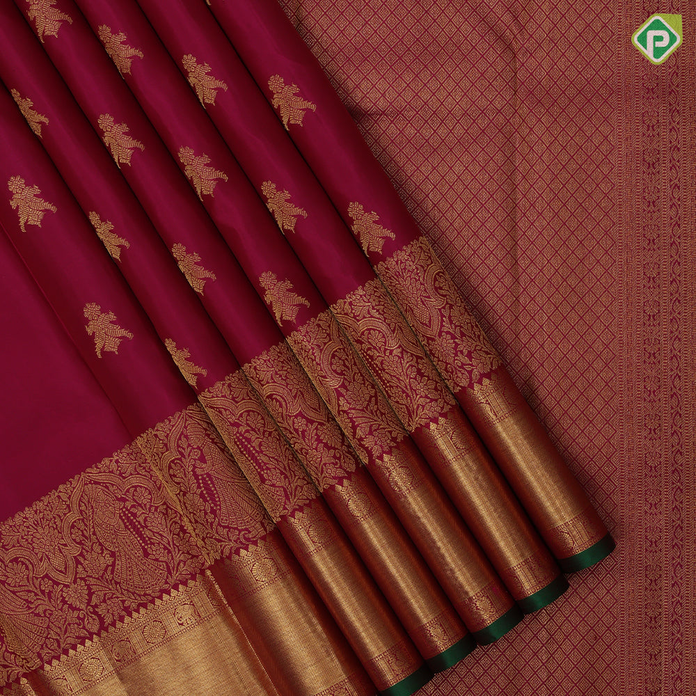 Rani Pink Gold Zari Gandaberunda Butta Design Self Colour Wedding Couple Floral Elephant Peacock Chagaram Border Design Traditional Silk Saree