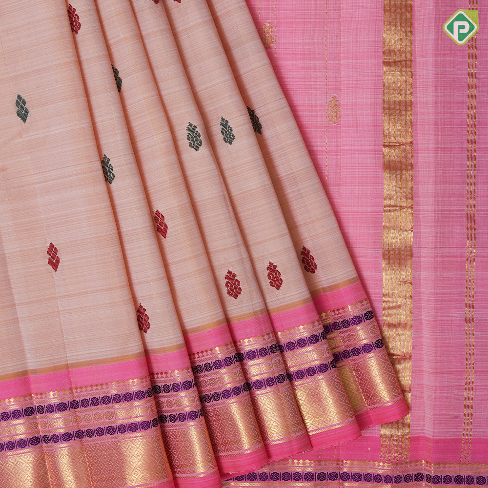 peach multi color silk thread fancy butta rose pink gold zari one side border silk saree