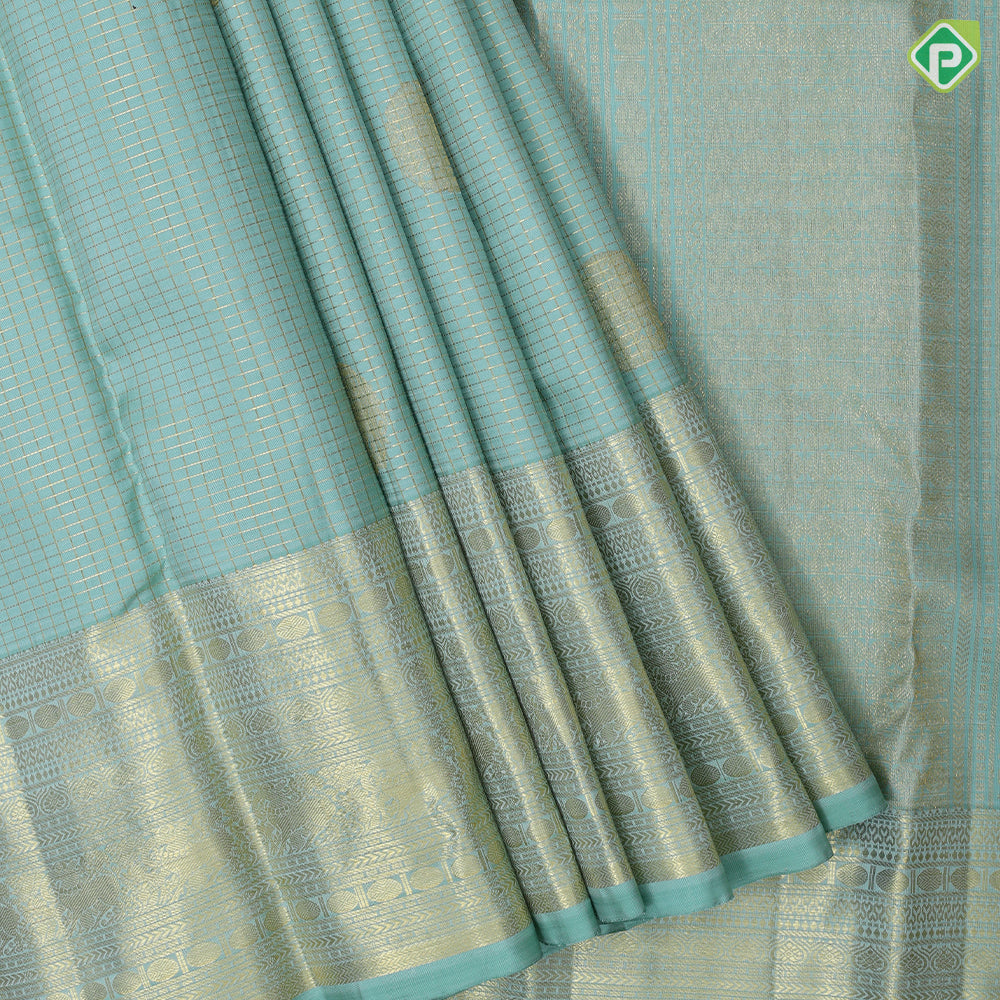 Manthulir green gold zari vairaoosi checks self gold zari multi design lines border traditional silk saree