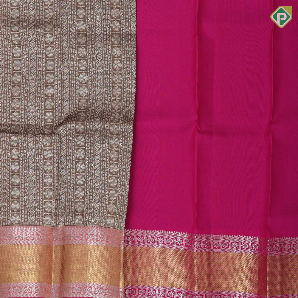 Brown with nee zari self designed Stripes Pink silver zari padded lines gold zari border pattu Paavadai Lehanka