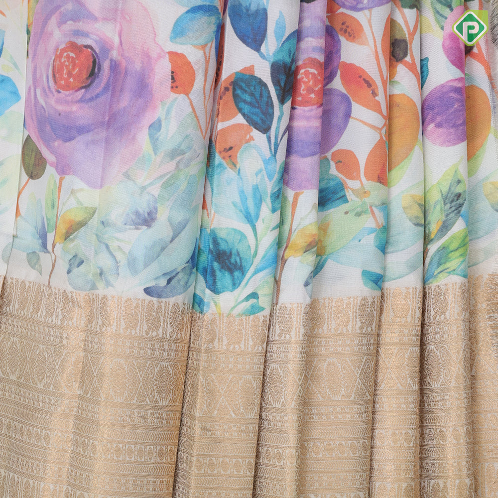 Milk white multi color kalamkari printed design self gold zari multi butta lines border pattu paavadai lehanka