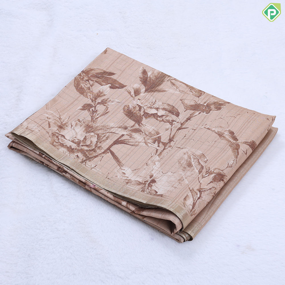 wood beige self plant leaves design gold zari edge border fancy cotton saree