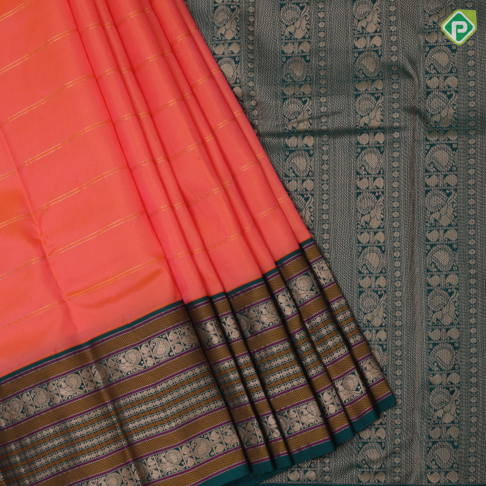 peach orange gold zari padded thread lines bottle green gold zari meena work lines border traditional silk saree
