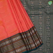 peach orange gold zari padded thread lines bottle green gold zari meena work lines border traditional silk saree