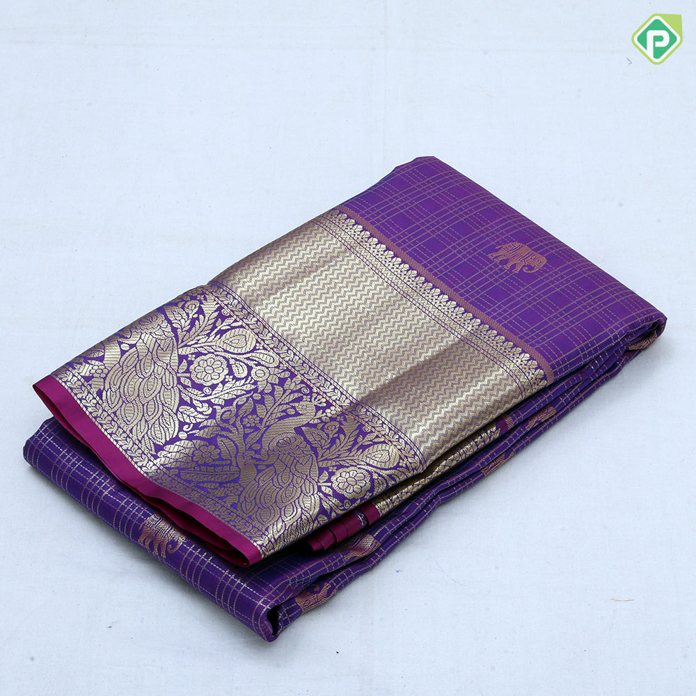 Pink gold zari checks and elephant butta design self gold zari peacock and zig zag border Art silk saree