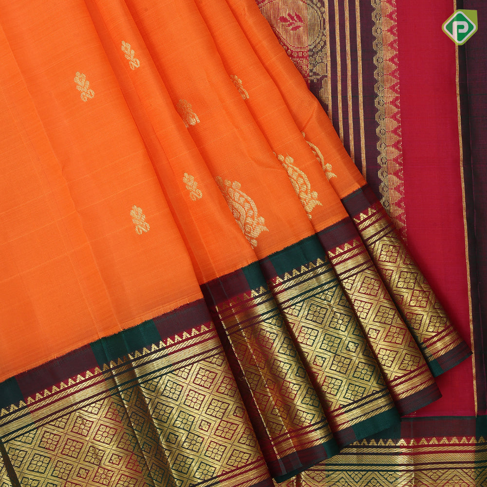 Dark orange gold zari fancy flower butta green red gold zari big diamond design one side border silk saree