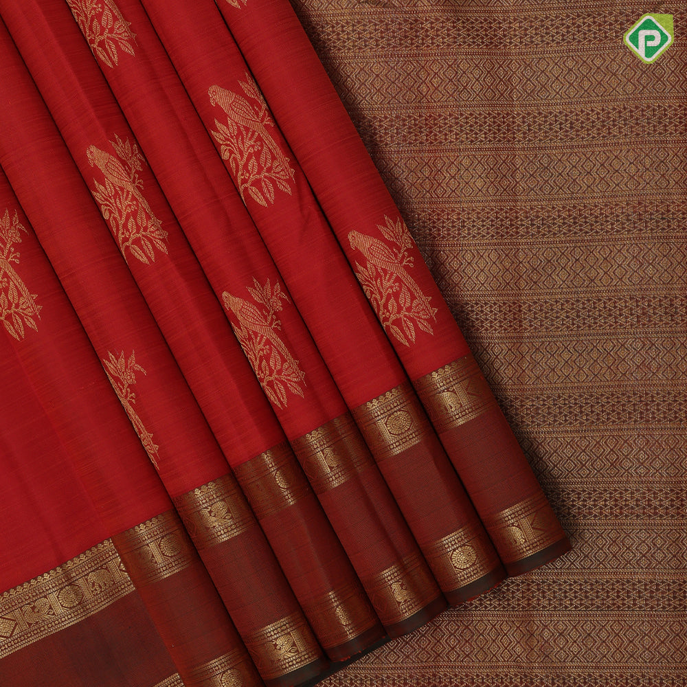 Rust orange gold zari  parrot motif design brown peacock elephant border design traditional silk saree