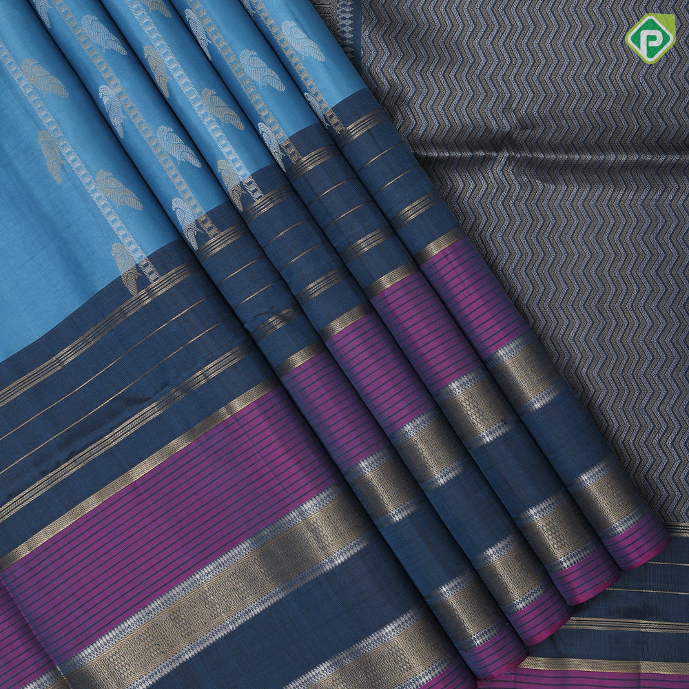 peacock blue silver gold zari bird on ladder design peacock green gold zari lines border soft silk saree