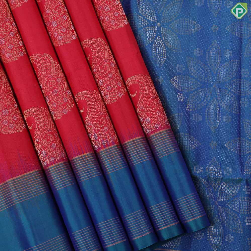 Tomato red silver gold zari mango butta design peacock blue gold zari rettapet border soft silk saree