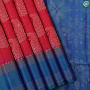 Tomato red silver gold zari mango butta design peacock blue gold zari rettapet border soft silk saree