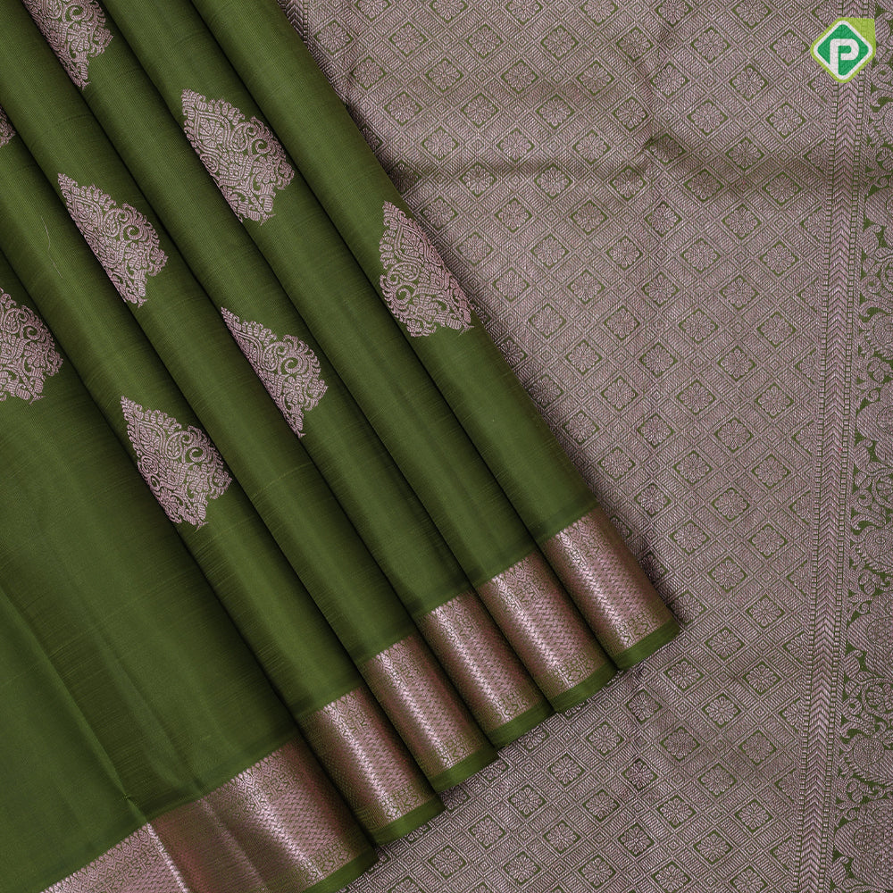 Army green copper zari fancy thilagam butta design self copper edge border traditional silk saree