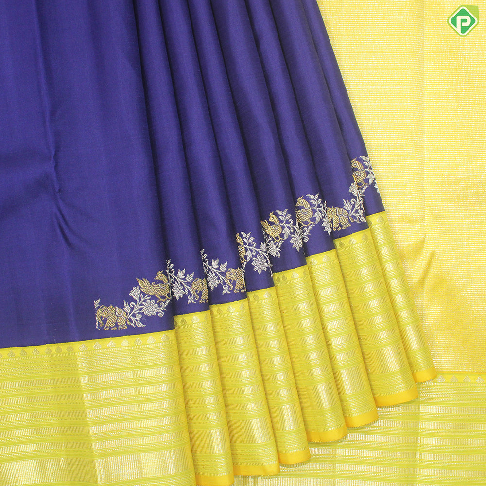 Royal Blue Plain Body Florescent Green Traditional Silk Saree