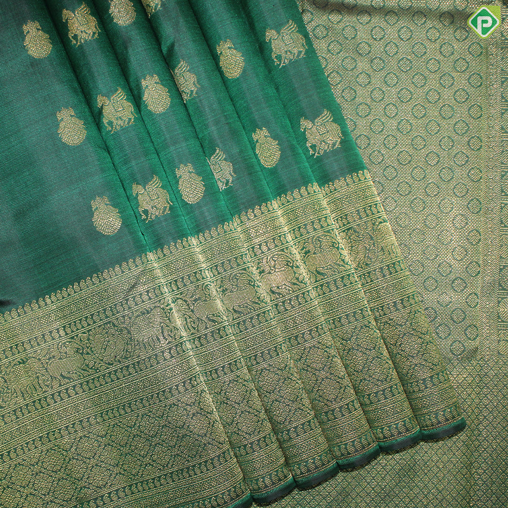 Green Color Horse Motif Gold Zari With Self Color Border Traditional Silk Saree