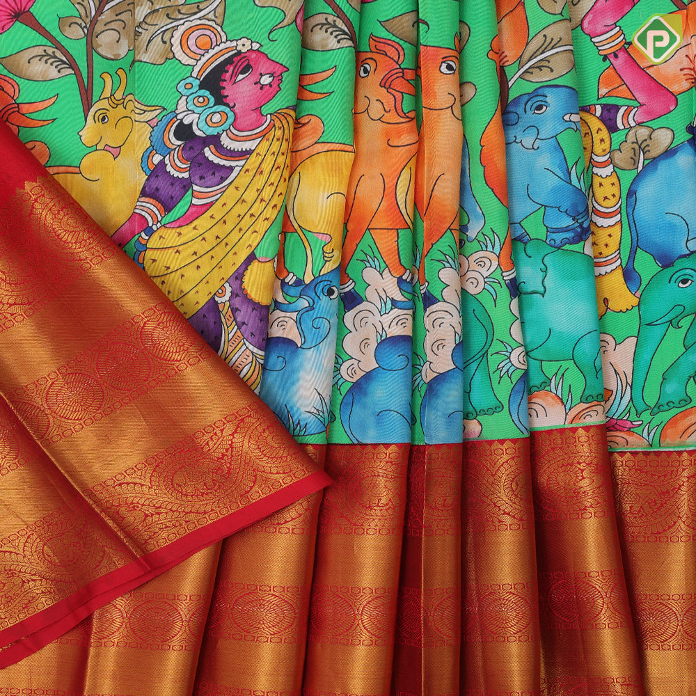 Multi color digital print design Chilly Red gold zari Multi line border pattu paavadai lehanka