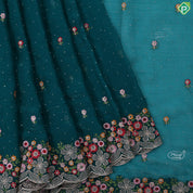 Peacock green embroidered flower and stone work design muti color cutwork border Hollywood fancy saree