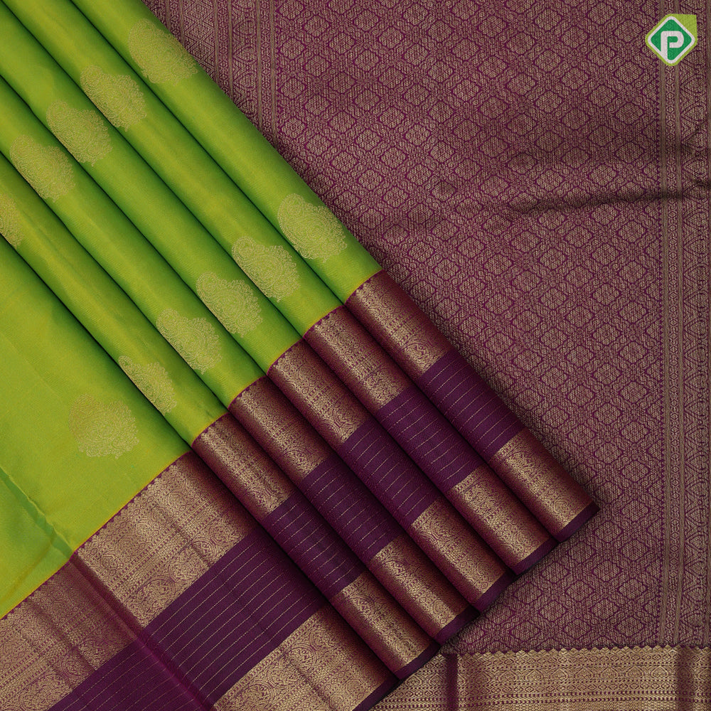 Apple Green Gold Zari Mango Motif Design Purple Peacock Border Design Traditional Silk Saree