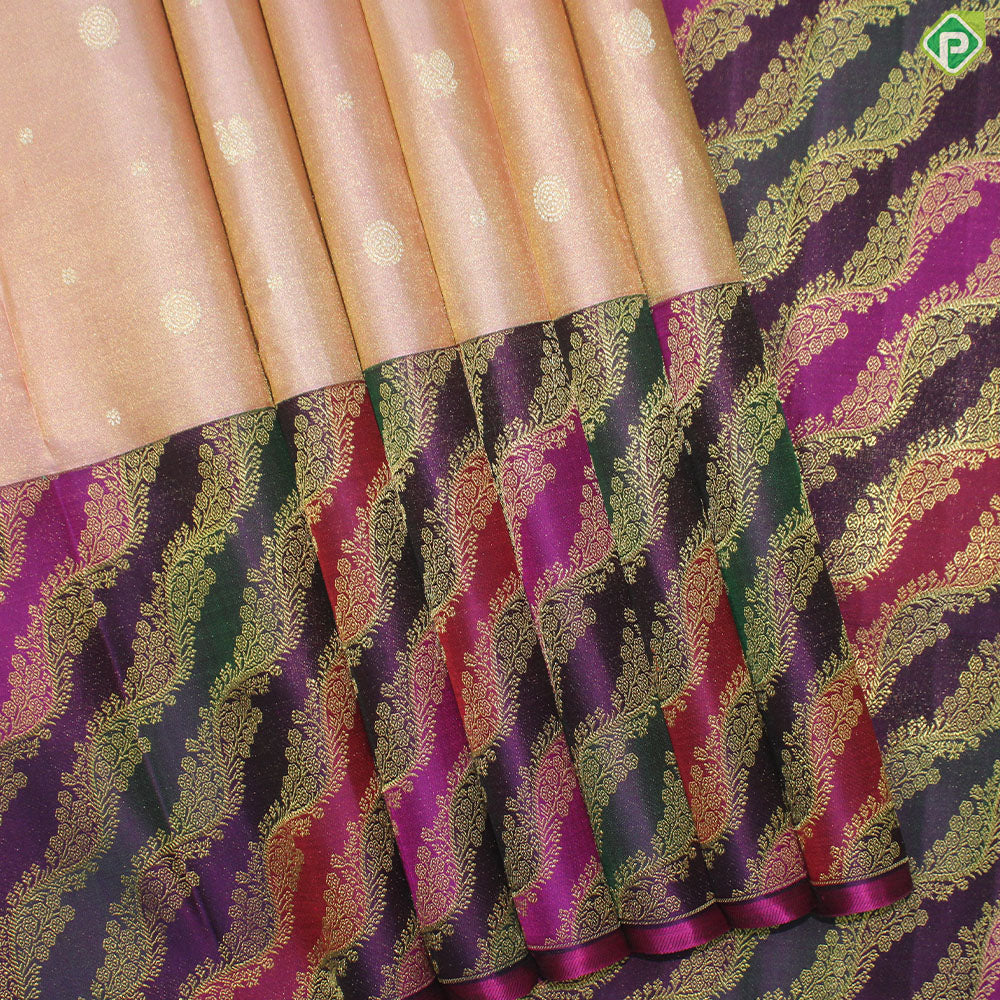 Baby Pink Gold Tissue Peacock And Flower Motif With Purple Color Border Traditional Silk Saree