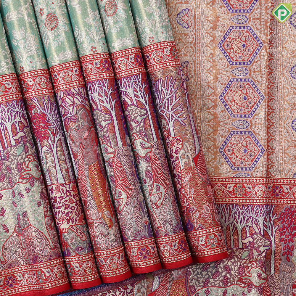 Pista green silver gold zari grand floral meena work design contrast pythonic border grand bridal silk saree