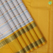 Cream white gold zari butta lines and silk thread lines dark yellow meena work rettapet border traditional silk saree