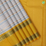 Cream white gold zari butta lines and silk thread lines dark yellow meena work rettapet border traditional silk saree