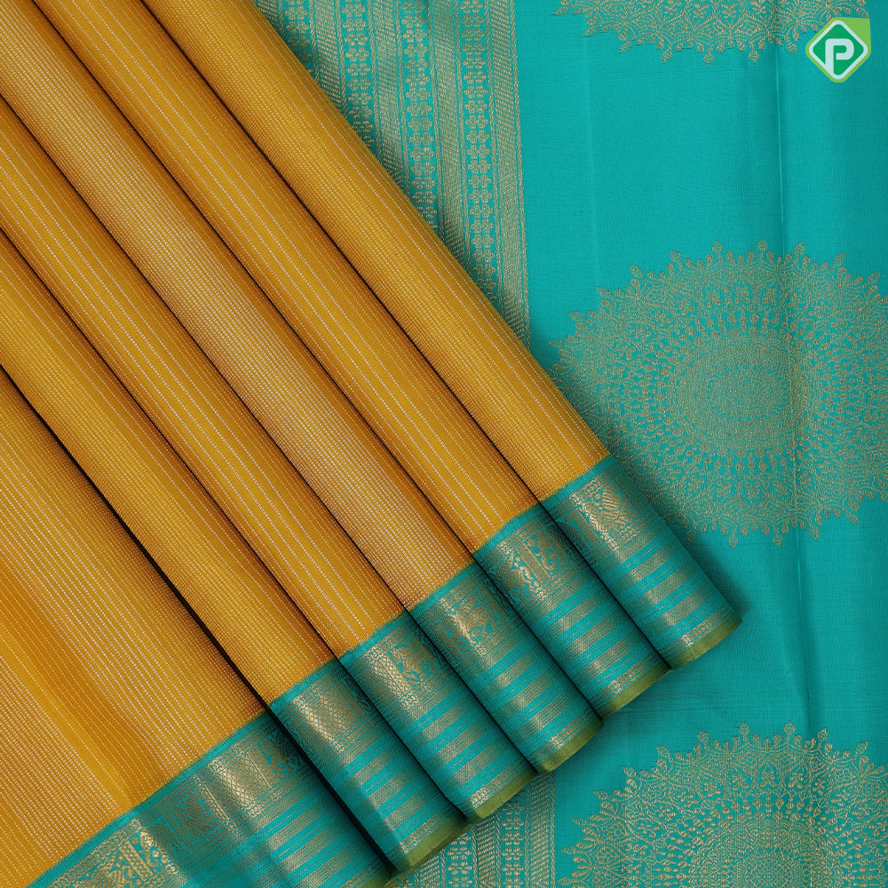 Golden mustard silver gold zari lines sapphire green gold zari lines and butta border vintage silk saree