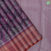 Purple base silver zari digital animation design orange with silver zari mayilkan border trendy designer silk saree