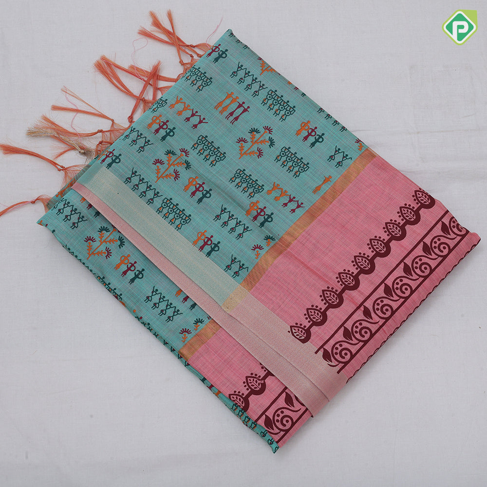 Peach Pink Printed Design Plan Tissue Type Border Design Fancy Cotton Saree