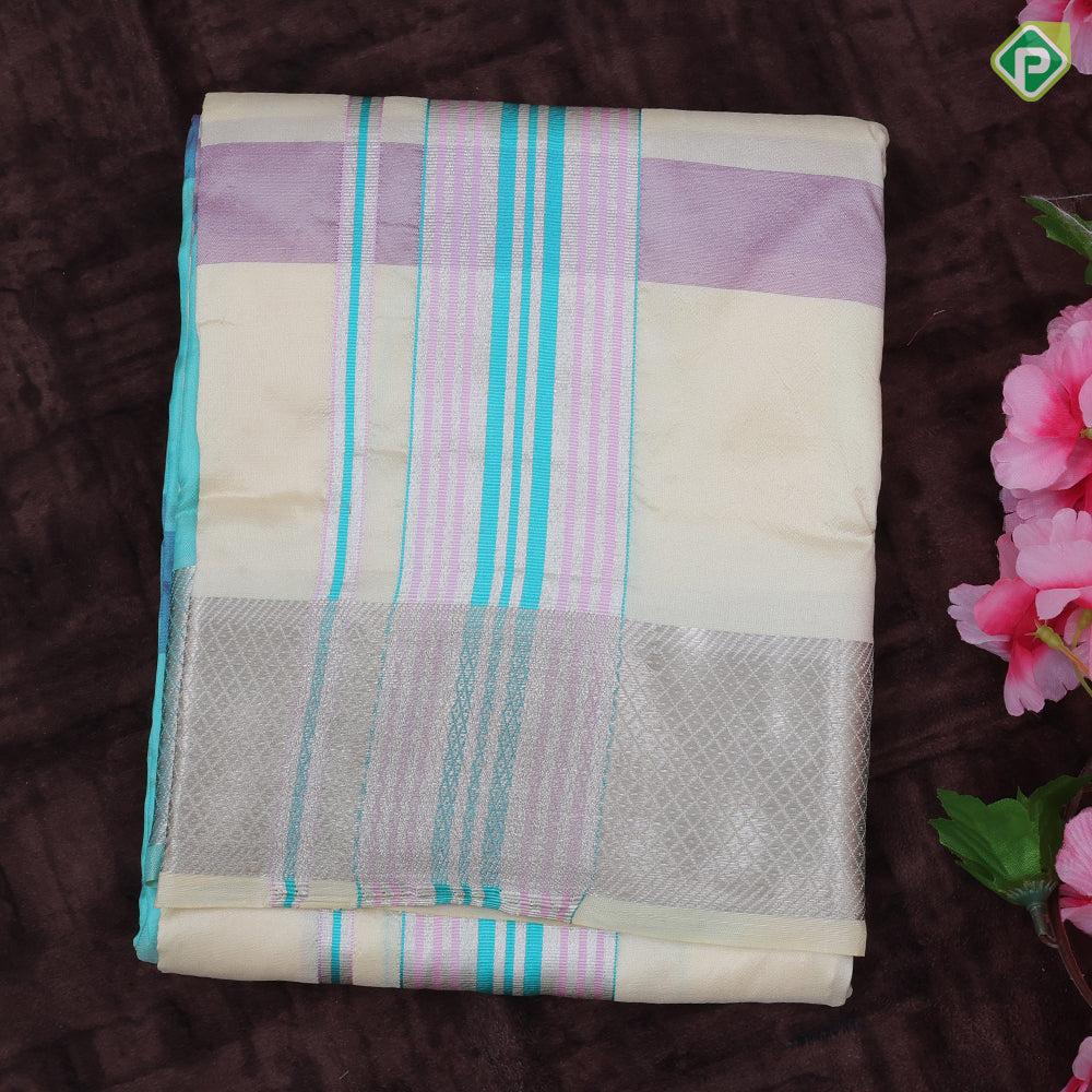 Multi Color Checked Design Silver Zari Diamond Butta Border 9*5 Pure Silk Dhoti Vesti