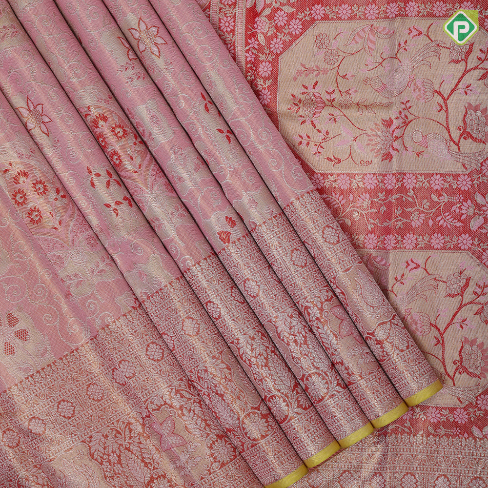 Pink silver gold zari floral meena work design self silver gold zari fancy floral border tissue silk saree